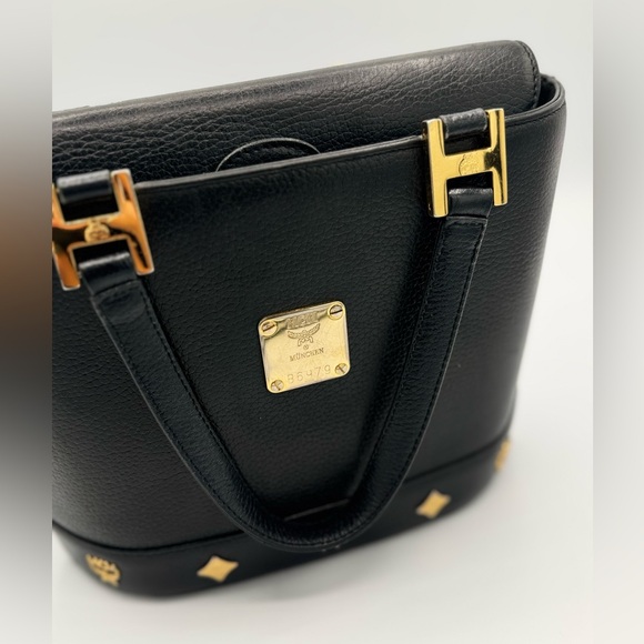MCM Vintage Black Leather Flap Studded Bucket Bag - Picture 7 of 12